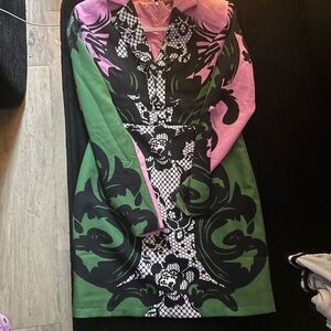 Fashion Nova Long Sleeve Dress with Pink, Green, and Black Pattern